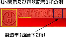UN表示および容器記号3H1の例　製造年は末尾に西暦下2桁です