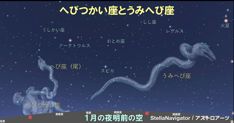 1月の夜明前の空　へびつかい座とうみへび座