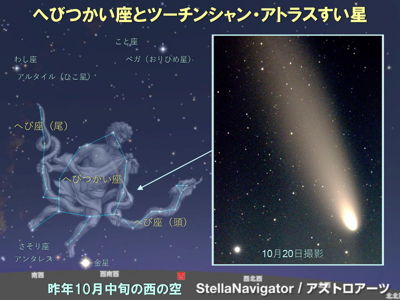 昨年10月中旬の西の空　へびつかい座とツーチンシャン・アトラスすい星